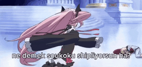 a girl with pink hair is kicking a man with the words ne demek soukoku shipliyorsun ha