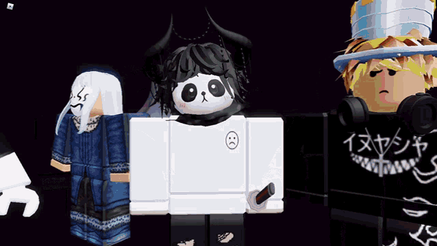 a group of roblox characters with one wearing a white shirt with a smiley face on it