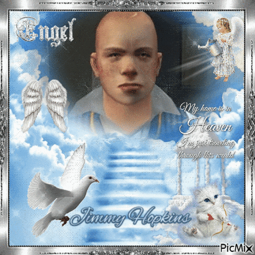 a picture of jimmy hopkins is surrounded by angels and clouds