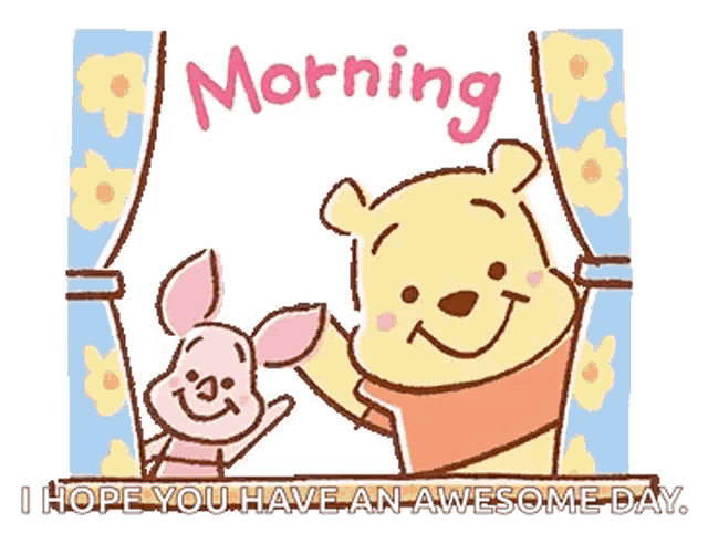 a cartoon of winnie the pooh and piglet waving in front of a window .