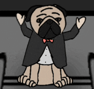 a pug wearing a tuxedo and bow tie