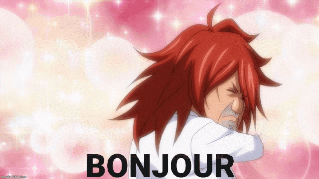 a cartoon character with red hair says bonjour in black letters