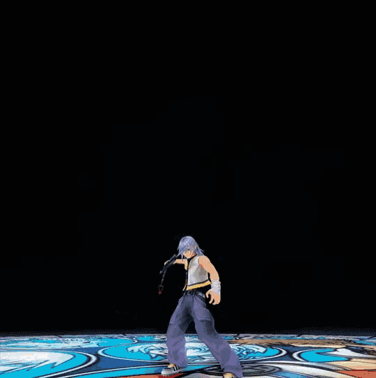a person with purple hair is standing on a blue and white carpet
