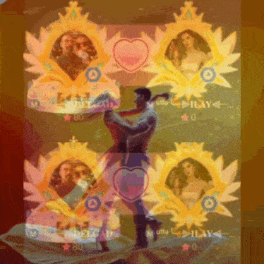 a man is holding a woman in his arms surrounded by hearts and crowns