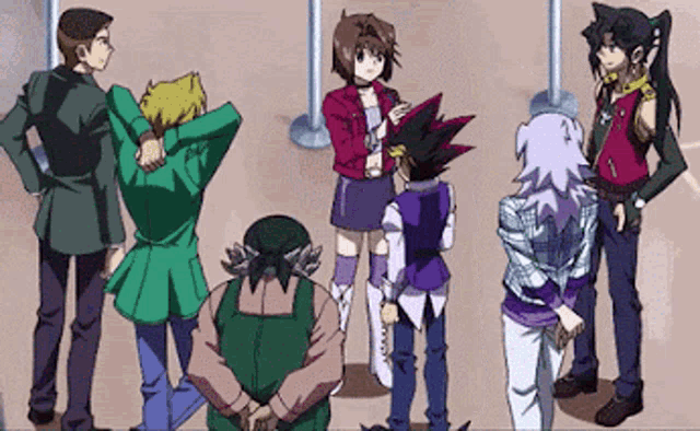 a group of anime characters standing next to each other with their hands behind their backs
