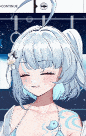 a close up of a girl with white hair and a continue button