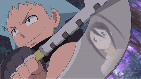 a cartoon character is holding a large sword with a reflection of a girl in it