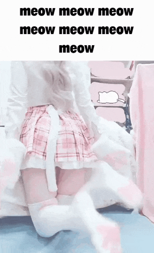 a girl in a pink plaid skirt and white socks is kneeling on a bed .