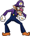 a cartoon of wario wearing a purple hat and overalls is pointing at something .