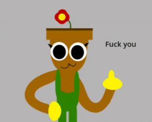 a cartoon character with a flower on top of his head giving a thumbs up and saying fuck you