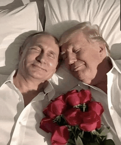 two men are laying on a bed with a bouquet of red roses between them .