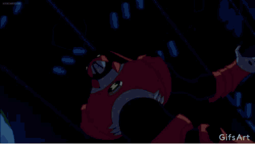 a cartoon character is holding a pair of fire balls in his hands .