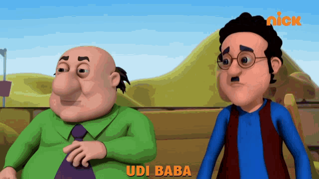 two cartoon characters sitting next to each other with the words udi baba on the bottom right