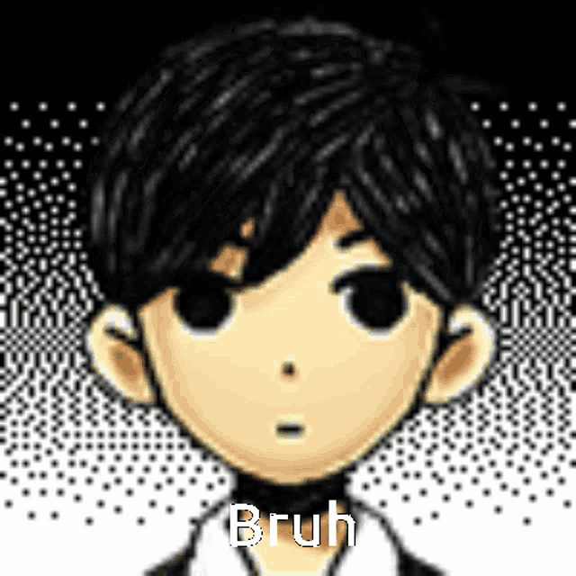 a pixel art drawing of a boy with black hair and the words bruh written on it .