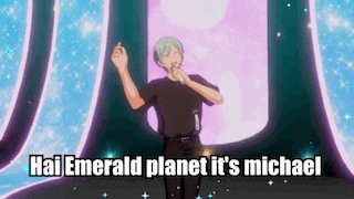 a man singing into a microphone with the words hai emerald planet it 's michael above him