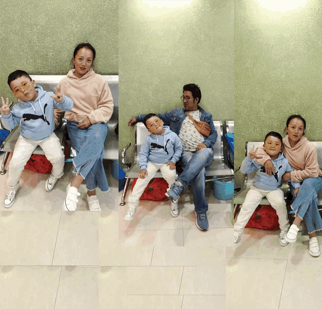 a family sits in a waiting room and one of the children is wearing a puma shirt