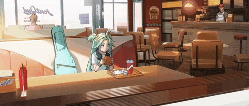 a girl is sitting at a table in a diner holding a burger
