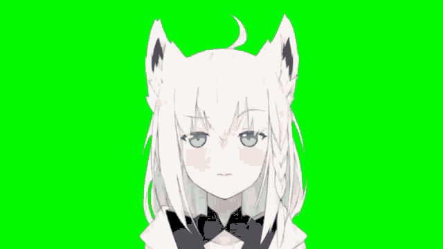 a close up of a white anime girl with blue eyes on a green background .