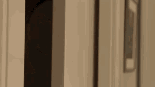 a close up of a man 's face looking out a doorway