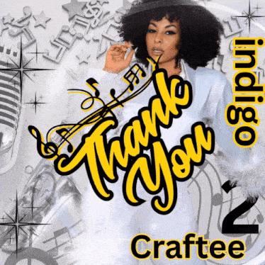 a woman singing into a microphone with the words thank you craftee behind her