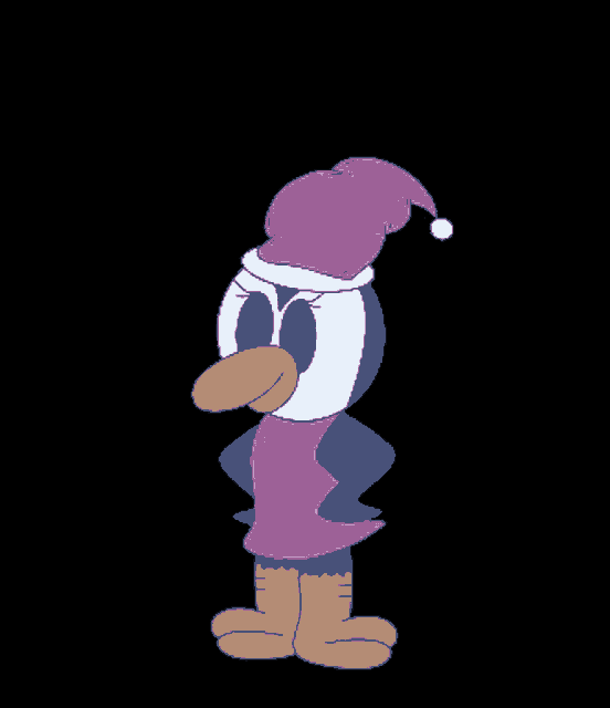a cartoon penguin is wearing a pink hat