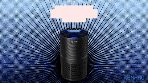 a ronpho air purifier is surrounded by a blue background