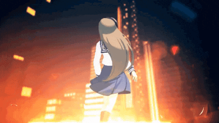 a girl in a school uniform is walking through a city