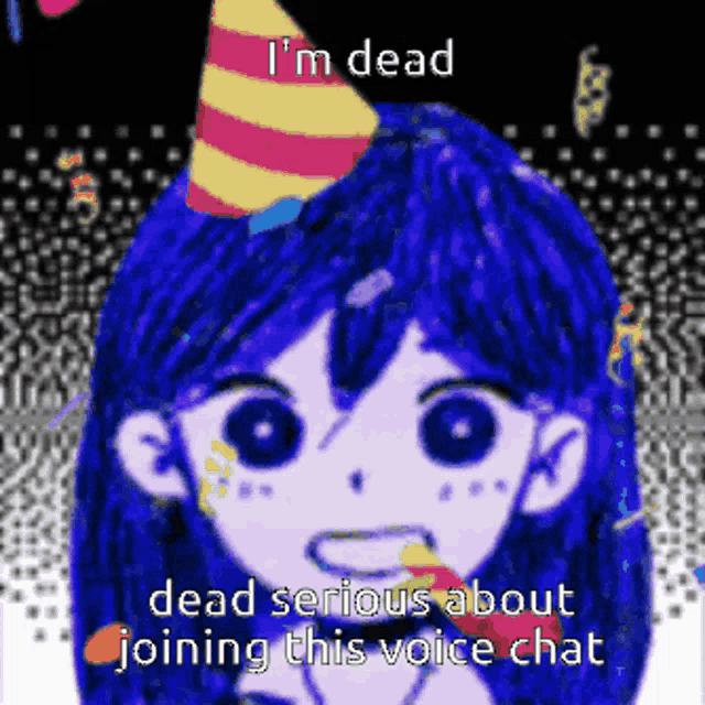 a cartoon of a girl with blue hair wearing a party hat with the words i 'm dead