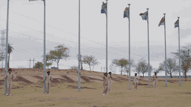 a group of people stand in front of a row of flag poles