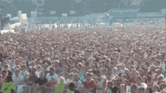a crowd of people are standing in a field with their arms in the air .