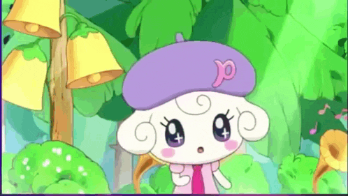 a cartoon character is wearing a purple hat with the letter a on it