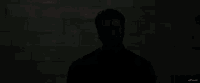 a man with a beard is standing in a dark room .