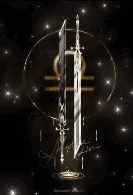 a drawing of two swords with a zodiac sign in the background