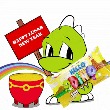 a cartoon character with a sign that says happy lunar new year