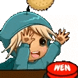 a cartoon character is covering his face with his hand and a cookie is flying in the air .