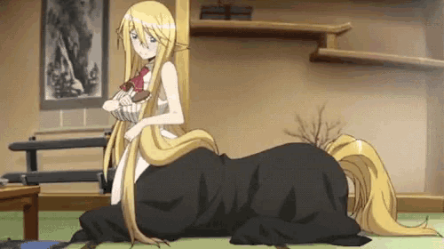 a centaur girl is sitting on the floor in a room holding a basket of food .