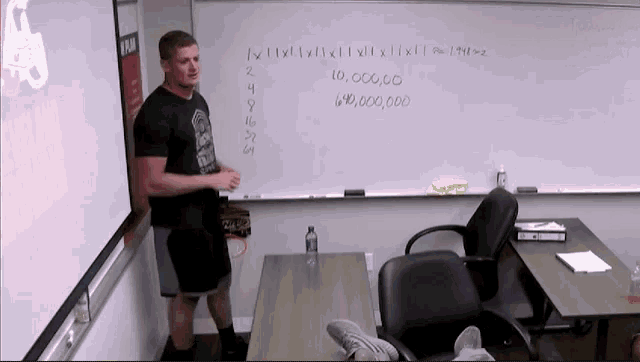 a man stands in front of a white board with numbers on it including 10,000,000 and 60,000,000