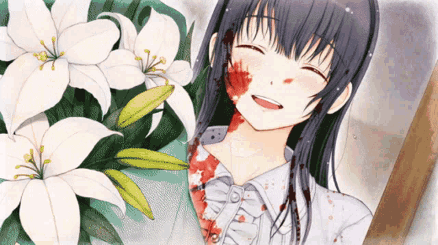 a girl with blood on her face is smiling in front of a bouquet of white flowers