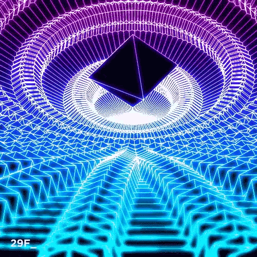 a purple and blue optical illusion with a pyramid in the center .