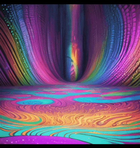 a colorful painting of a tunnel with a rainbow in the middle