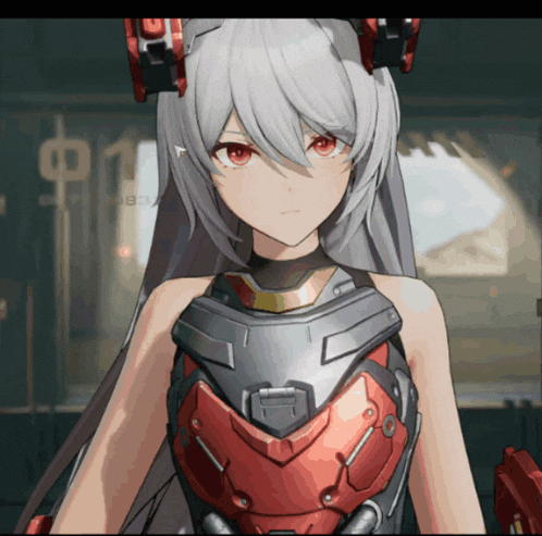 a girl with white hair and red eyes is wearing a gray and red suit