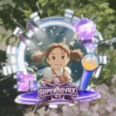 a little girl is sitting in a circle with a sign that says supernovax on it .