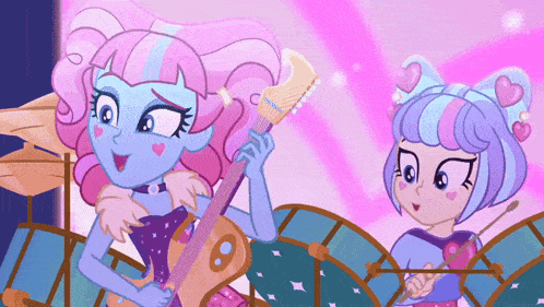 a cartoon drawing of a girl playing a guitar and another girl playing drums