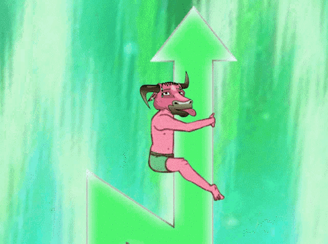 a cartoon of a bull sitting on an upward arrow
