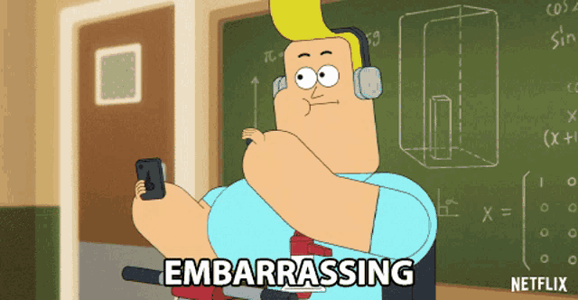 a cartoon of a man wearing headphones taking a picture with the word embarrassing behind him