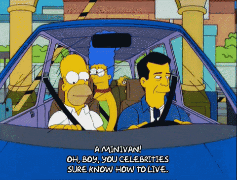 a cartoon of homer simpson and marge simpson in a car says " a minivan "