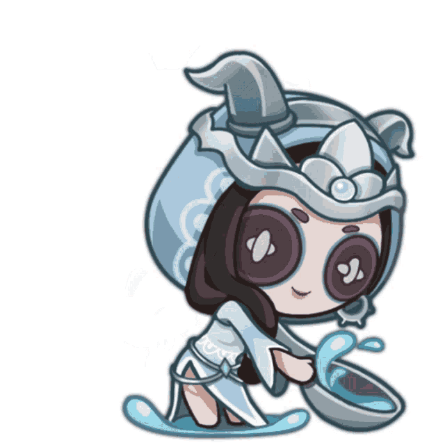 a cartoon drawing of a woman in a blue and white outfit holding a bowl of water