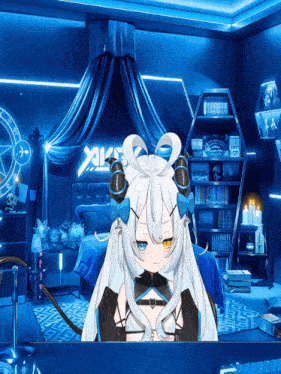a girl in a room with a sign that says ' xik ' on it