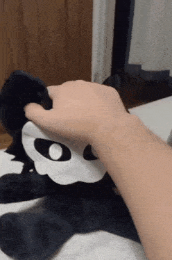 a person is petting a stuffed animal with a white eye