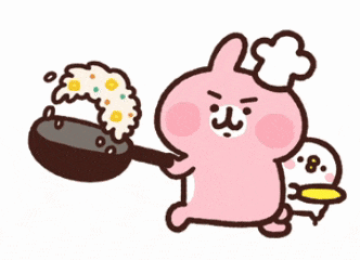 a cartoon of a pink rabbit wearing a chef 's hat holding a frying pan filled with food .